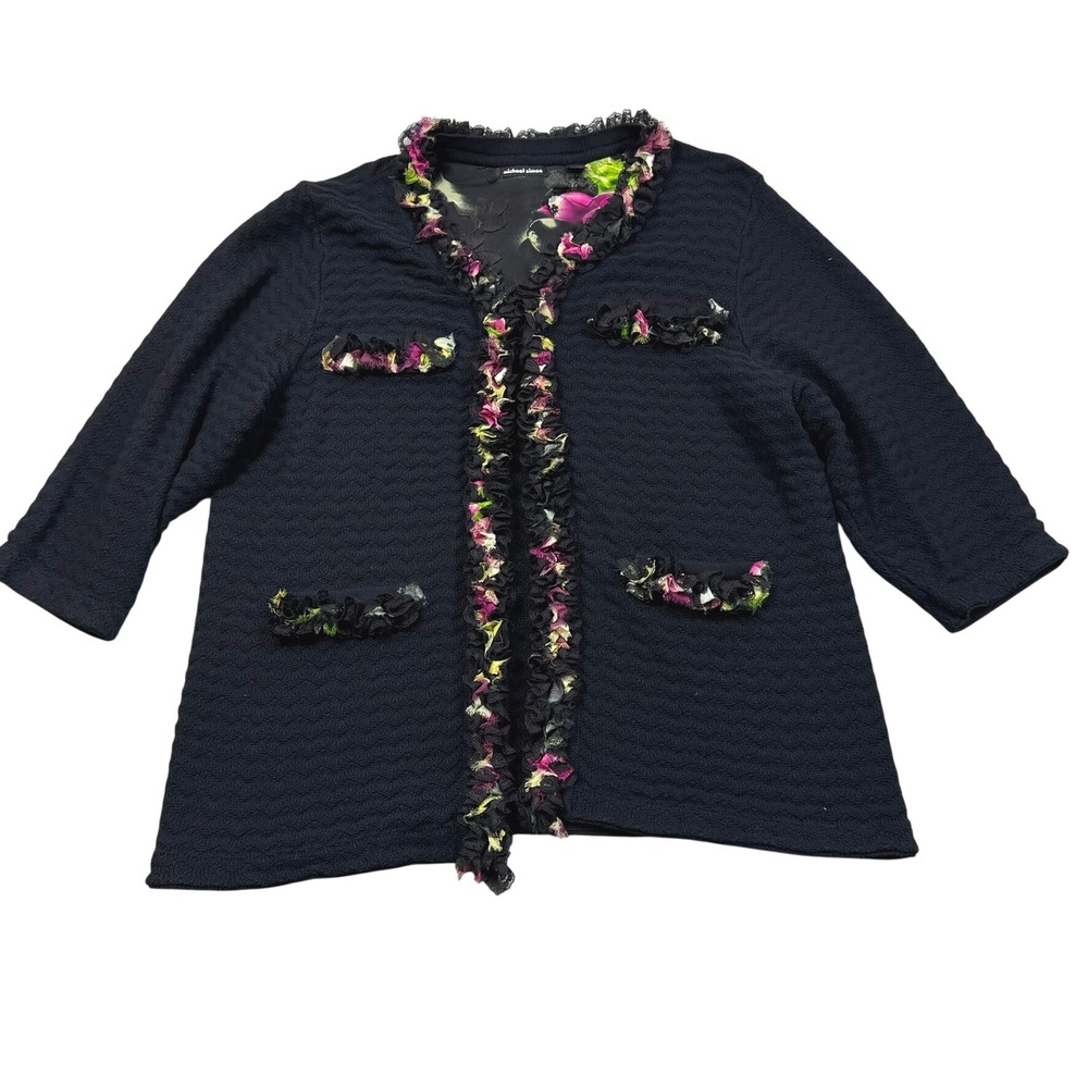 Michael Simon Vintage Black Textured Knit Cardigan Floral Ruffle Trim Plus 2X